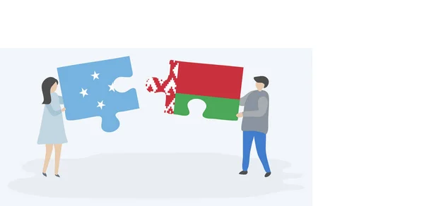 Пара Держащая Две Головоломки Микронезийскими Белорусскими Флагами Микронезия Белорусская Символика — стоковый вектор