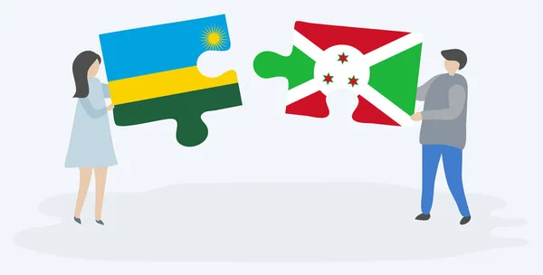 Couple Holding Two Puzzles Pieces Rwandan Burundian Flags Rwanda Burundi — Stock Vector