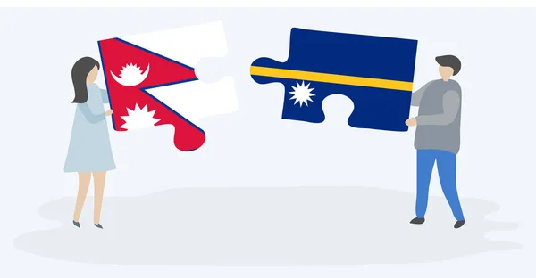 Couple Tenant Deux Pièces Puzzles Avec Des Drapeaux Népalais Nauruans — Image vectorielle