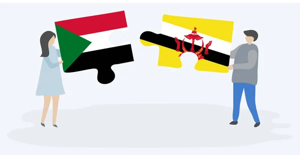 Paar Houden Twee Puzzels Stukken Met Soedanese Bruneian Vlaggen Soedan — Stockvector