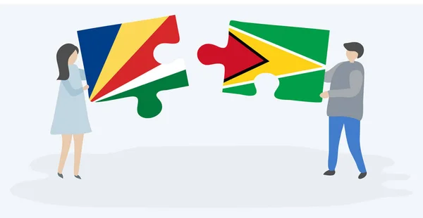 Couple Tenant Deux Pièces Puzzles Avec Des Drapeaux Seychellois Guyanais — Image vectorielle