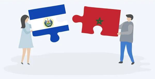 Couple Tenant Deux Pièces Puzzles Avec Des Drapeaux Salvadoriens Marocains — Image vectorielle