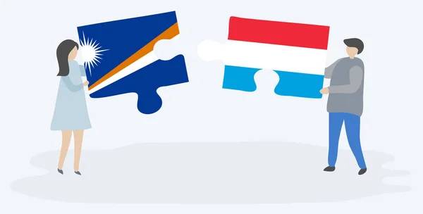 Paar Houden Twee Puzzels Stukken Met Marshallese Luxemburgse Vlaggen Marshall — Stockvector