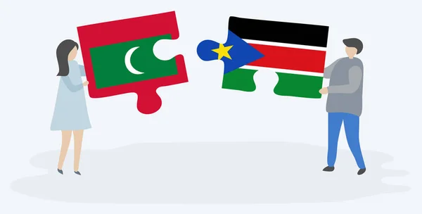 Par Som Innehar Två Pusselbitar Med Maldiviska Och Sydsudanesiska Flaggor — Stock vektor