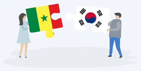 Paar Houden Twee Puzzels Stukken Met Senegalese Zuid Koreaanse Vlaggen — Stockvector
