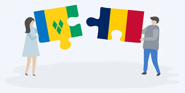 Paar Houden Twee Puzzels Stukken Met Vincentian Chadian Vlaggen Saint — Stockvector