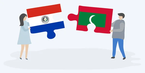 Paar Houden Twee Puzzels Stukken Met Paraguayaanse Maldivische Vlaggen Paraguay — Stockvector