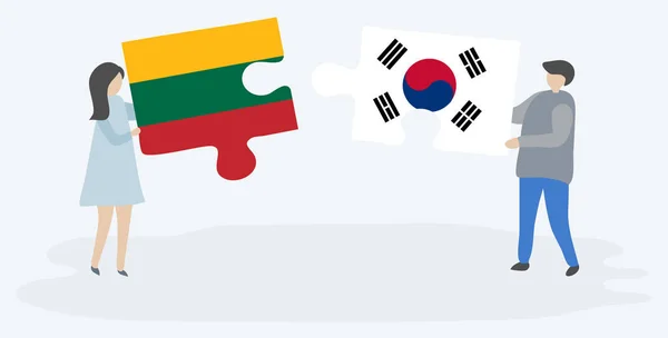 Para Trzymania Dwóch Puzzli Litewskimi Południowokoreańskich Flag Symbole Narodowe Litwy — Wektor stockowy