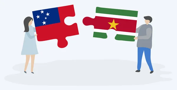 Samoa Surinam Bayrakları Ile Iki Bulmaca Parçaları Tutan Çift Samoa — Stok Vektör