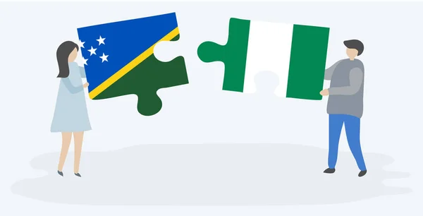 Couple Holding Two Puzzles Pieces Solomon Island Nigerian Flags Solomon — Stock Vector