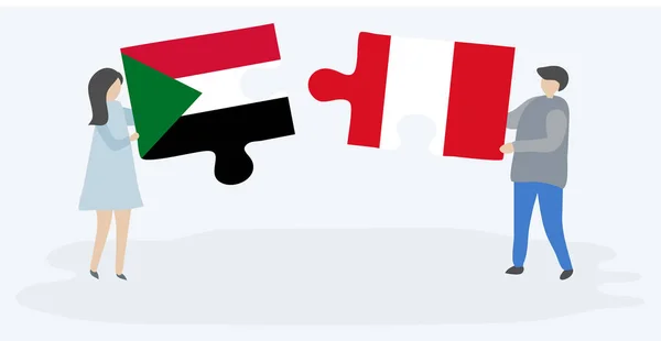 一对夫妇拿着两块带有苏丹和秘鲁国旗的拼图 苏丹和秘鲁国家符号在一起 — 图库矢量图片