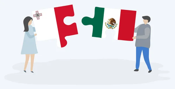 マルタとメキシコの旗を持つ2つのパズルのピースを保持しているカップル マルタとメキシコの国のシンボル — ストックベクタ