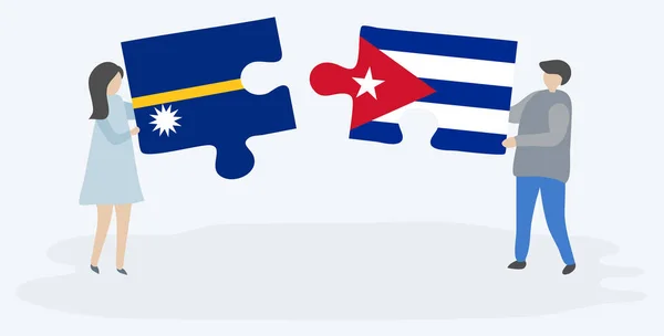 Coppia Con Due Pezzi Puzzle Con Bandiere Nauruan Cuban Simboli — Vettoriale Stock