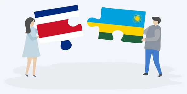 Paar Houden Twee Puzzels Stukken Met Costa Ricaanse Rwankaanse Vlaggen — Stockvector