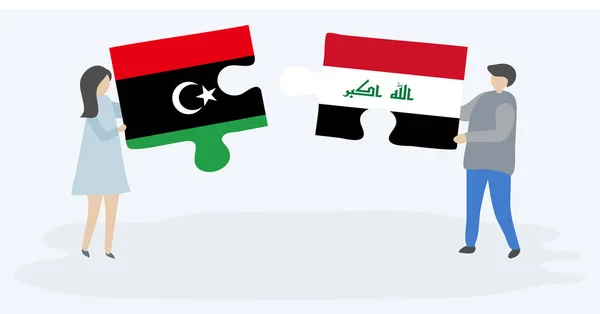 Pareja Sosteniendo Dos Piezas Rompecabezas Con Banderas Libias Iraquíes Libia — Vector de stock
