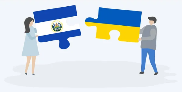 Couple Holding Two Puzzles Pieces Salvadoran Ukrainian Flags Salvador Ukraine — Stock Vector