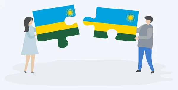Casal Segurando Duas Peças Quebra Cabeças Com Bandeiras Ruandesas Ruandesas —  Vetores de Stock
