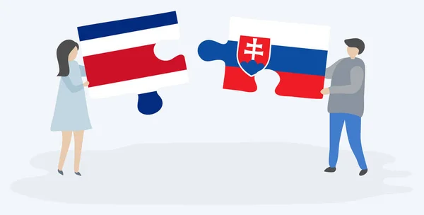 Paar Houden Twee Puzzels Stukken Met Costa Ricaanse Slowaakse Vlaggen — Stockvector