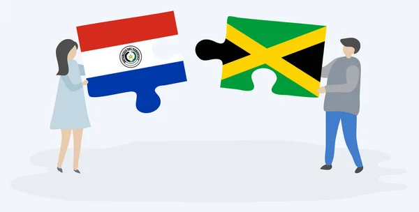 Paar Houden Twee Puzzels Stukken Met Paraguayaanse Jamaicaanse Vlaggen Paraguay — Stockvector