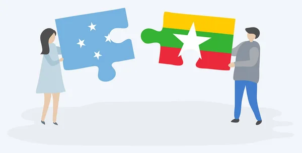 Pár Jich Drží Dvě Skládanky Milesskými Barmskými Vlajkami Národní Symboly — Stockový vektor