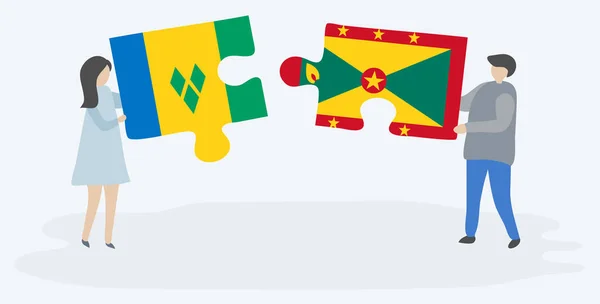 Paar Houden Twee Puzzels Stukken Met Vincentian Grenadian Vlaggen Saint — Stockvector