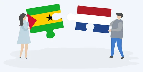 Para Trzyma Dwa Kawałki Puzzli Sao Tomean Flagi Holandii Sao — Wektor stockowy