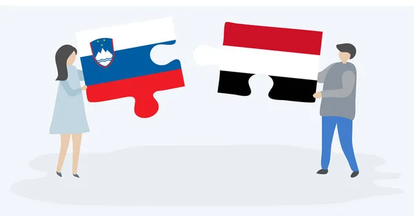 Couple Holding Two Puzzles Pieces Slovenian Yemeni Flags Slovenia Yemen — Stock Vector