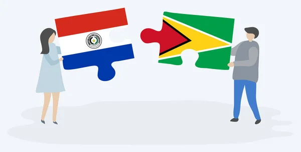 Paar Houden Twee Puzzels Stukken Met Paraguayaanse Guyanese Vlaggen Paraguay — Stockvector