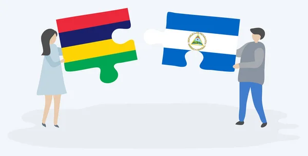 Casal Segurando Duas Peças Quebra Cabeças Com Bandeiras Mauricianas Nicaraguenses — Vetor de Stock