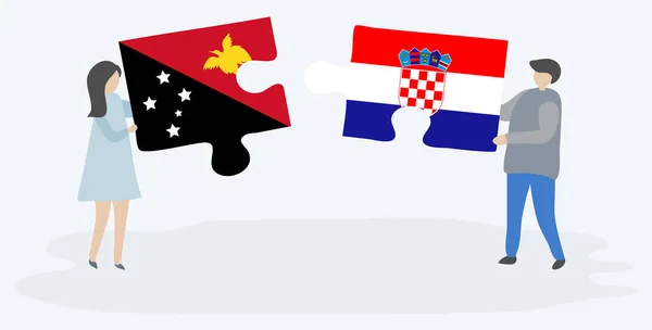 Casal Segurando Duas Peças Quebra Cabeças Com Bandeiras Papuas Croatas — Vetor de Stock