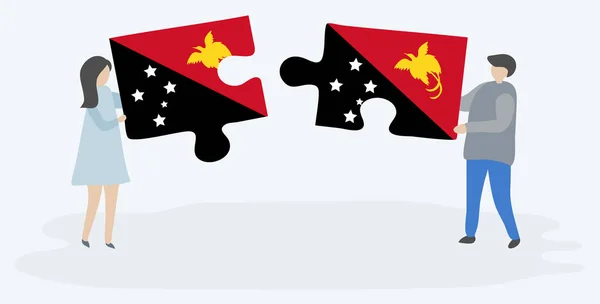 Casal Segurando Duas Peças Quebra Cabeças Com Bandeiras Papuan Papuan —  Vetores de Stock