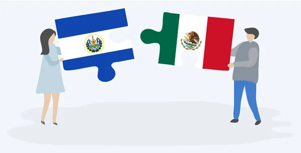 Par Som Innehar Två Pusselbitar Med Salvadoranska Och Mexikanska Flaggor — Stock vektor