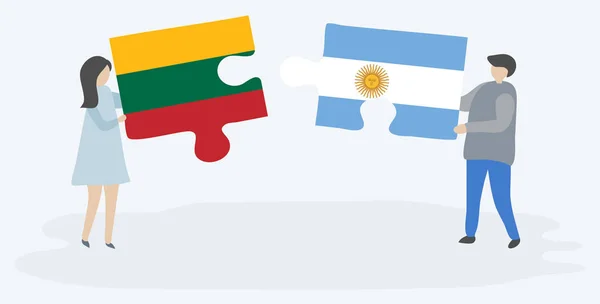 Casal Segurando Duas Peças Quebra Cabeças Com Bandeiras Lituanas Argentinas —  Vetores de Stock