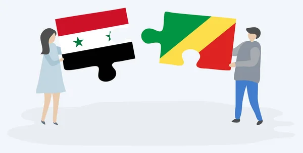 Pareja Sosteniendo Dos Piezas Rompecabezas Con Banderas Sirias Congoleñas Siria — Vector de stock