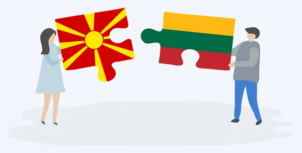 Casal Segurando Duas Peças Quebra Cabeças Com Bandeiras Macedônia Lituânia —  Vetores de Stock