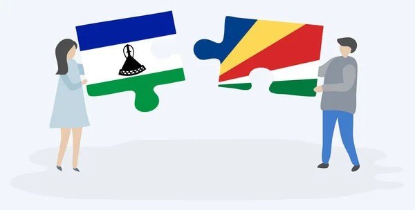 Ζευγάρι Που Κρατά Δύο Κομμάτια Παζλ Σημαίες Μπάσοθο Και Σεϋχελλών — Διανυσματικό Αρχείο