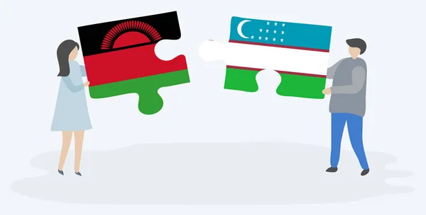 Dvojice Drží Dvě Skládanky Malawiansky Uzbeckými Vlajkami Vnitrostátní Symboly Malawi — Stockový vektor