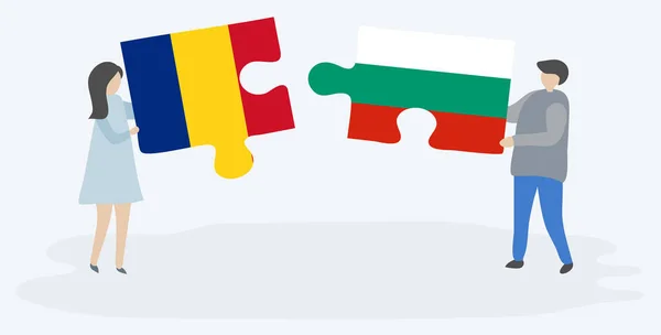 Ζευγάρι Που Κρατά Δύο Κομμάτια Παζλ Ρουμανικές Και Βουλγαρικές Σημαίες — Διανυσματικό Αρχείο