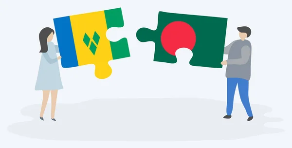 一对夫妇拿着两块拼图 上面挂着文森特和孟加拉国国旗 圣文森特和格林纳丁斯和孟加拉国国家标志在一起 — 图库矢量图片