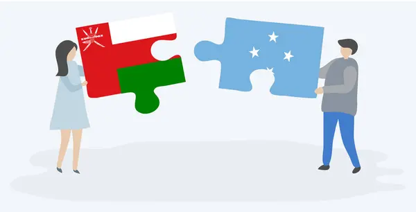 Paar Houden Twee Puzzels Stukken Met Omaanse Micronesian Vlaggen Oman — Stockvector