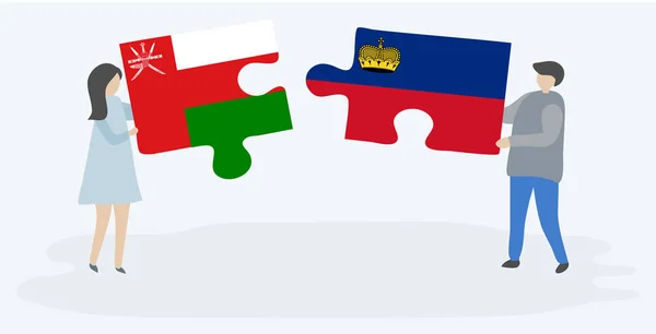 Paar Mit Zwei Puzzleteilen Mit Omani Und Liechtenstein Fahnen Deutsche — Stockvektor