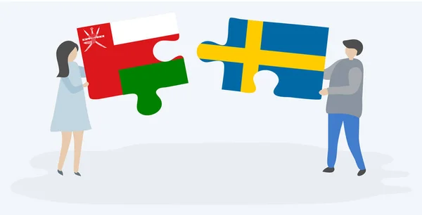 Пара Держащая Две Головоломки Оманским Шведским Флагами Государственные Символы Омана — стоковый вектор