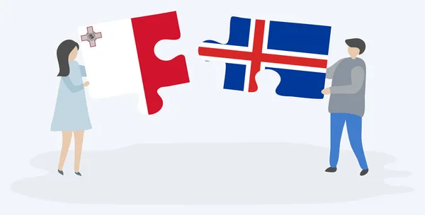 Ζευγάρι Που Κρατά Δύο Κομμάτια Παζλ Μαλτέζικες Και Ισλανδικές Σημαίες — Διανυσματικό Αρχείο