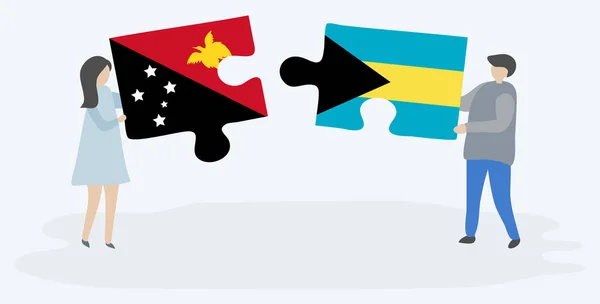 Coppia Con Due Pezzi Puzzle Con Bandiere Papua Bahamas Papua — Vettoriale Stock