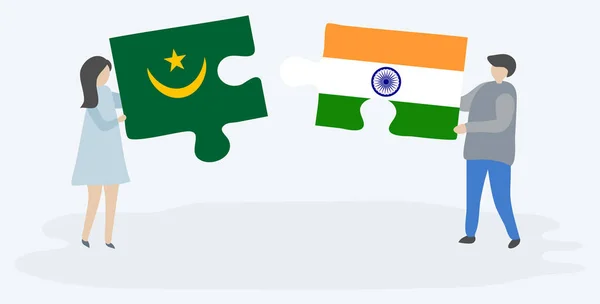 Casal Segurando Duas Peças Quebra Cabeças Com Bandeiras Mauritanas Indianas — Vetor de Stock