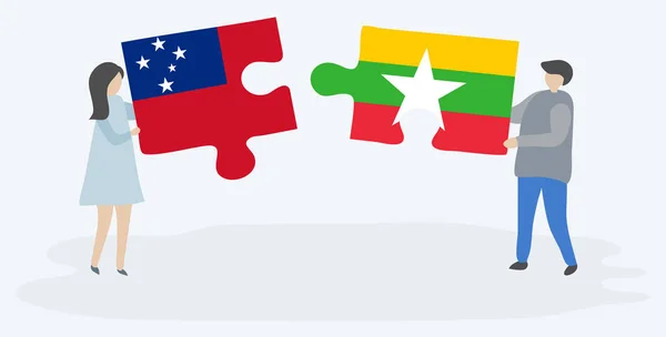 Couple Tenant Deux Pièces Puzzles Avec Des Drapeaux Samoan Birman — Image vectorielle