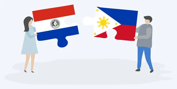 Pareja Sosteniendo Dos Piezas Rompecabezas Con Banderas Paraguayas Filipinas Paraguay — Vector de stock
