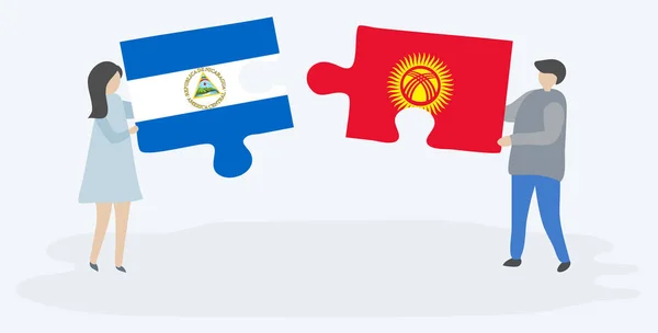Para Trzyma Dwa Kawałki Puzzli Nikaraguan Flagi Kirgiz Nikaragua Kirgistan — Wektor stockowy