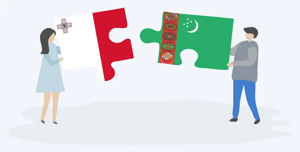 Couple Tenant Deux Pièces Puzzles Avec Des Drapeaux Maltais Turkmène — Image vectorielle