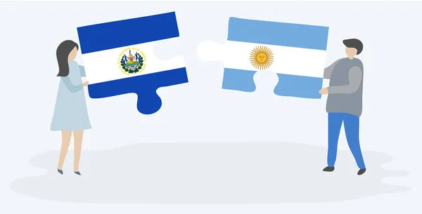 Couple Holding Two Puzzles Pieces Salvadoran Argentine Flags Salvador Argentina — Stock Vector